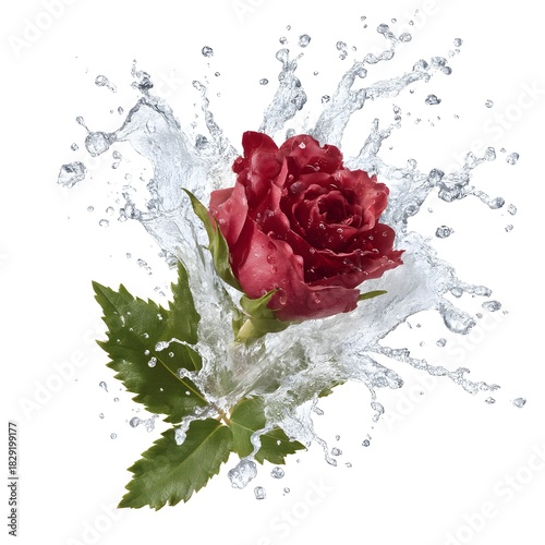 Beautiful Red Rose Surrounded by Splashing Water on White Background