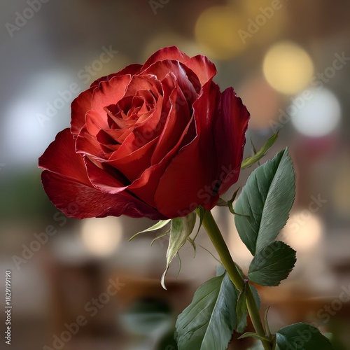 Beautiful Red Rose with Green Leaves and Soft Blurred Background