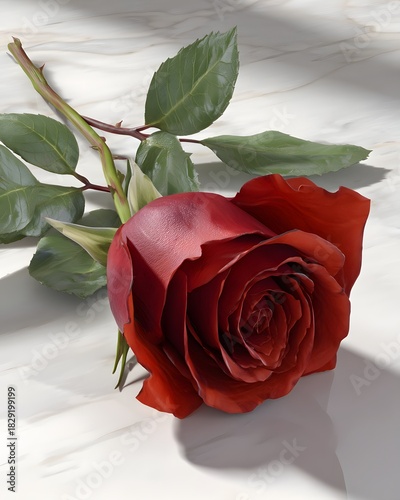 Realistic Red Rose on Marble Surface with Natural Shadows