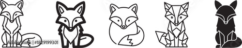 Collection of five stylized fox icons in various artistic styles, including outline, minimalist, and geometric designs Vector