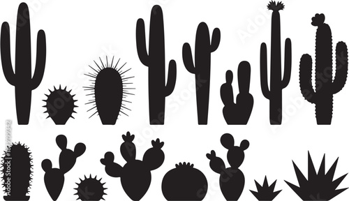 Silhouette cactus plant set succulent botanical nature desert flora vegetation