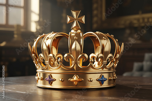 A golden royal crown with jewels sits on a wooden table in a dimly lit room