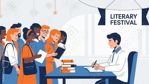 A vibrant flat design illustration capturing an Indian author engaging with readers during a book signing event at a literary festival. 