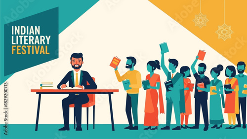 A vibrant flat design illustration capturing an Indian author engaging with readers during a book signing event at a literary festival. 