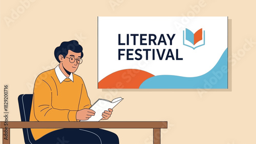 A vibrant flat design illustration capturing an Indian author engaging with readers during a book signing event at a literary festival. 