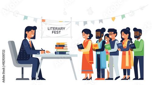 A vibrant flat design illustration capturing an Indian author engaging with readers during a book signing event at a literary festival. 