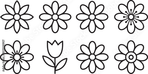 Flower and floral icon set in simple line art style – minimal blossom, bloom, daisy, tulip, decorative plant outline vector illustration