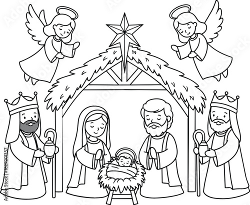Christmas nativity scene with mary joseph baby jesus angels and wise men
