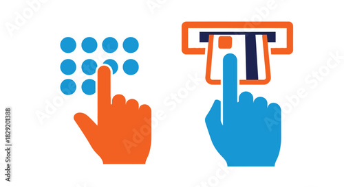 Vector illustration of hand pressing a number on a keypad and inserting a card isolated on