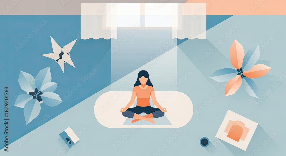 Obraz premium Embracing tranquility for a fresh start A woman meditating in a peaceful home setting, symbolizing wellness and mindful living for the new year, 2026