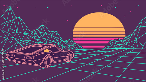 Retro-style illustration of a sports car cruising through a digital landscape at sunset.
