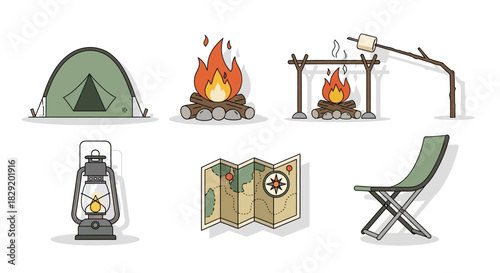 Flat lay illustration of camping icons including tent, campfire, lantern, map, and chair