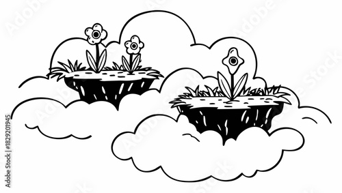 Floating islands with flowers and grass, amidst fluffy, cartoon-style clouds.