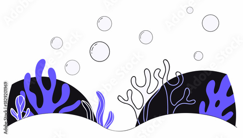 An underwater scene featuring stylized coral, bubbles, and a sandy seabed.