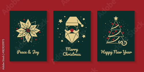 Set of Vector Seasonal Greeting Cards for Christmas, New Year with Saint Nicholas, Mistletoe, and Christmas Tree - Gold on Dark Green Background