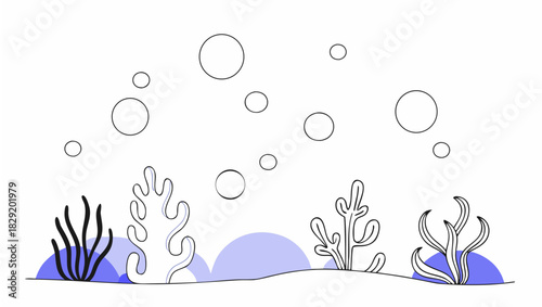 Simple line drawing of an underwater scene with coral, bubbles, and a sandy seabed.