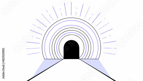 Illustration of a dark doorway or tunnel framed by concentric arches and radiating light.