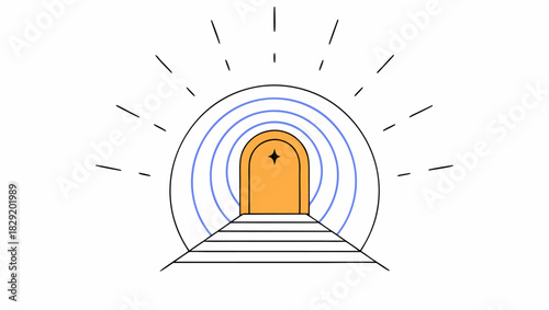 A doorway with steps leading up to it, surrounded by radiating light and concentric circles.