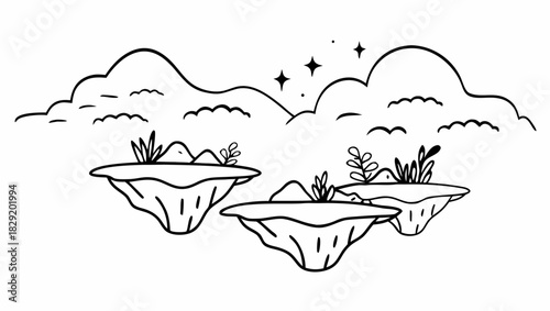 Three floating islands with plants, set against a backdrop of clouds and stars, depicted in a line art style.