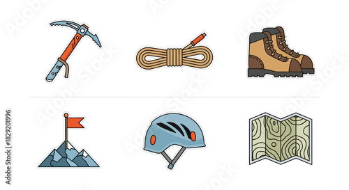 Flat lay of various hiking and climbing equipment on a white background.