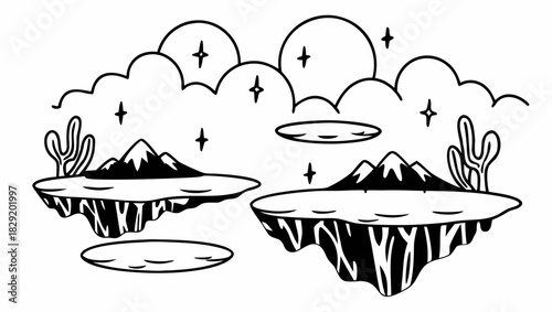 Illustration of two floating islands with mountains, cacti, clouds, and stars in a black and white line art style.