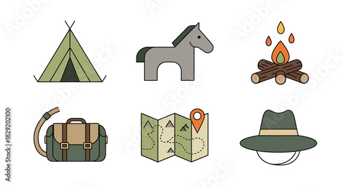 Flat lay illustration of camping icons on white background