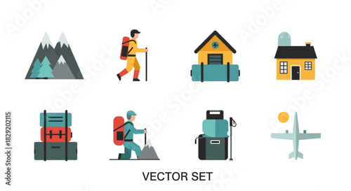 Vector set of travel and outdoor icons including mountains, hiker, house, luggage, and