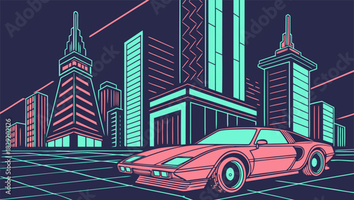Retro futuristic cityscape with a classic sports car on a grid against tall buildings.