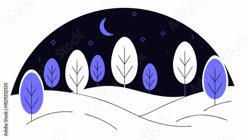 Stylized illustration of a nighttime landscape with trees, rolling hills, a crescent moon, and stars.
