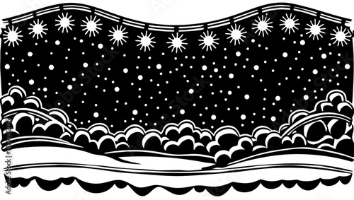 Black and white illustration depicting a snowy winter landscape with falling snowflakes and stars.