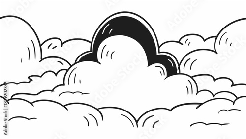 Black and white illustration of fluffy clouds with a dark, arching shape.