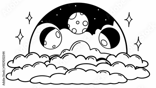 Black and white illustration depicting phases of the moon above fluffy clouds and stars.