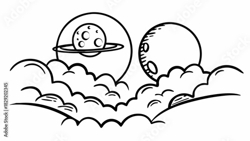 A black and white illustration of planets, clouds, and celestial bodies in space.