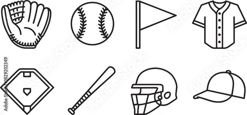 Baseball icon set for sports gear, field layout, team apparel, equipment, and athletic design themes