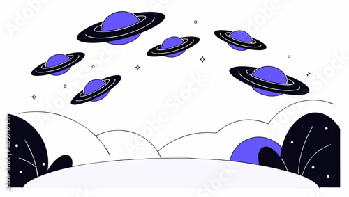 Cartoon illustration of several planets with rings above a stylized landscape.