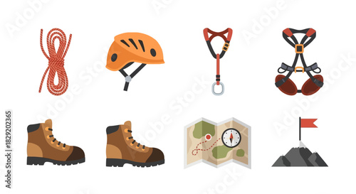 Flat lay of various hiking and climbing equipment on a white background.