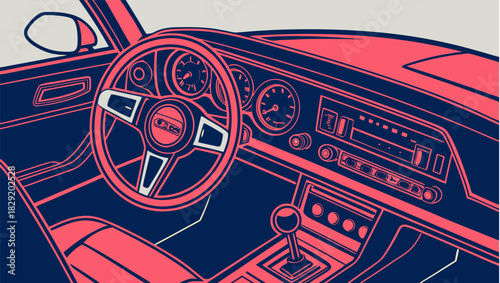 Interior illustration of a vintage car, showcasing the dashboard and steering wheel.