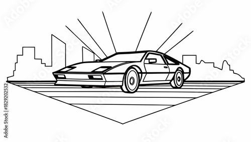 A stylized black and white illustration of a classic sports car in a city setting.