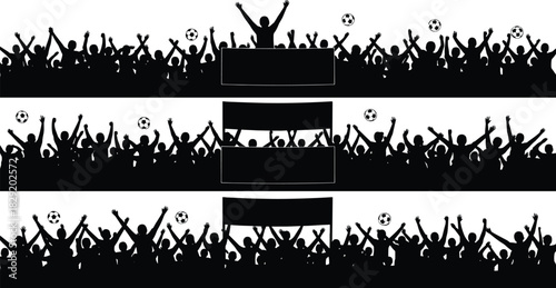 Cheering crowd silhouette banners with raised hands and soccer balls, celebrating audience vector design for stadium events, sports fan gatherings, festivals, and energetic backgrounds.