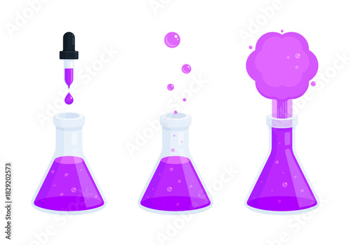 Scientific experiment with Erlenmeyer flask and purple liquid reaction. Chemistry, laboratory research, education, and science, STEM concepts. Flat illustration isolated on white background