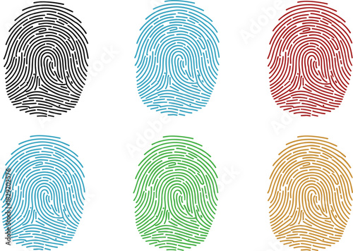 Color fingerprint vector set with detailed biometric patterns in multiple shades, representing identity, security, authentication, forensic investigation, digital scanning, 