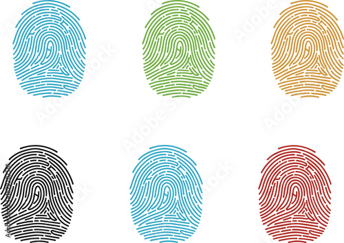 Colorful fingerprint vector set with detailed biometric patterns, unique identity symbols in multiple colors for security, authentication, forensic investigation, technology, 