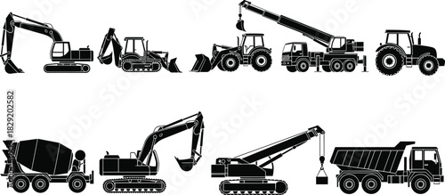 Construction vehicle silhouette set featuring excavators, backhoes, loaders, cranes, tractors, dump trucks, and cement mixers, heavy machinery vector collection for industrial themes.
