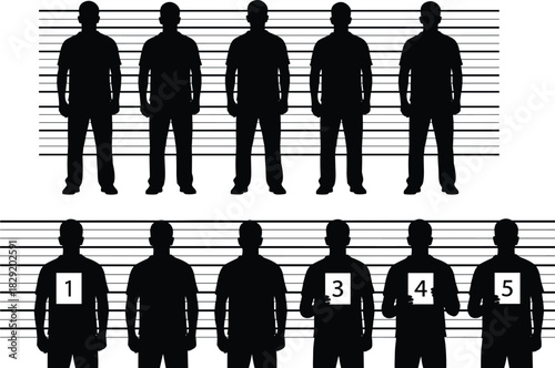 Criminal suspect lineup silhouette illustration with height measurement lines and numbered individuals, police identification scene for crime investigation, law enforcement, profiling,