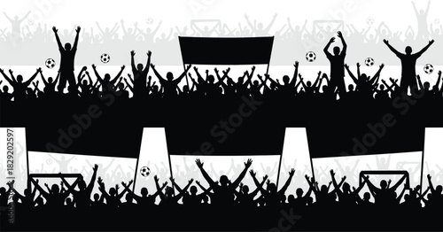 Energetic cheering crowd silhouette with raised hands, soccer balls, and blank banners, celebrating fans in stadium stands for sports events, festivals, and dynamic backgrounds.