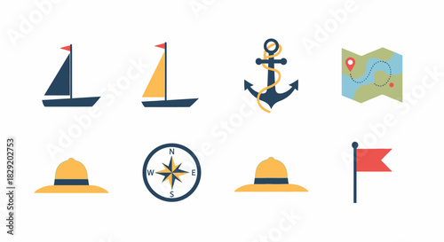 Flat lay of various nautical icons on a white background.
