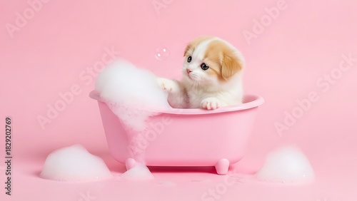 Adorable Puppy Enjoying a Bubble Bath in a Pink Tub.