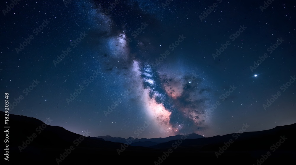 Fototapeta premium A spectacular long-exposure photograph of the Milky Way's vibrant galactic core and colorful nebula arching over a silhouetted mountain landscape at night