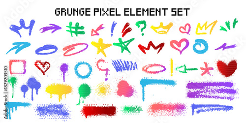 Neon Grunge Pixel Dither Elements Vector Set. Featuring Y2K Gradient Spray Paint Streaks, Hearts, Stars, and Urban Graffiti Symbols