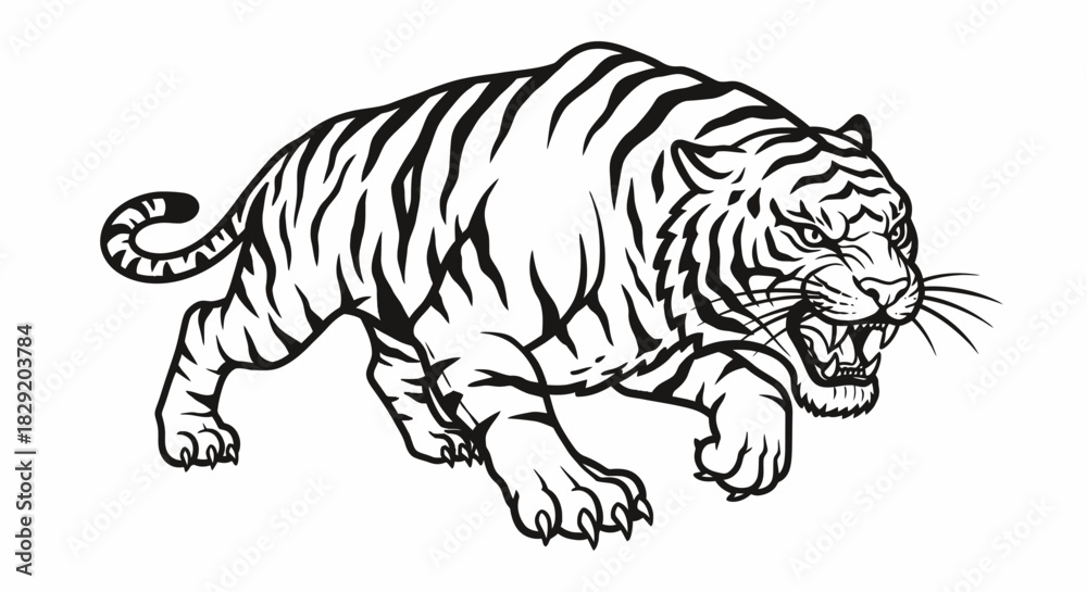 Obraz premium A fierce tiger illustration in a vector format, depicted in black and white, poised to pounce, showcasing its strength and agility in a minimalist style.
